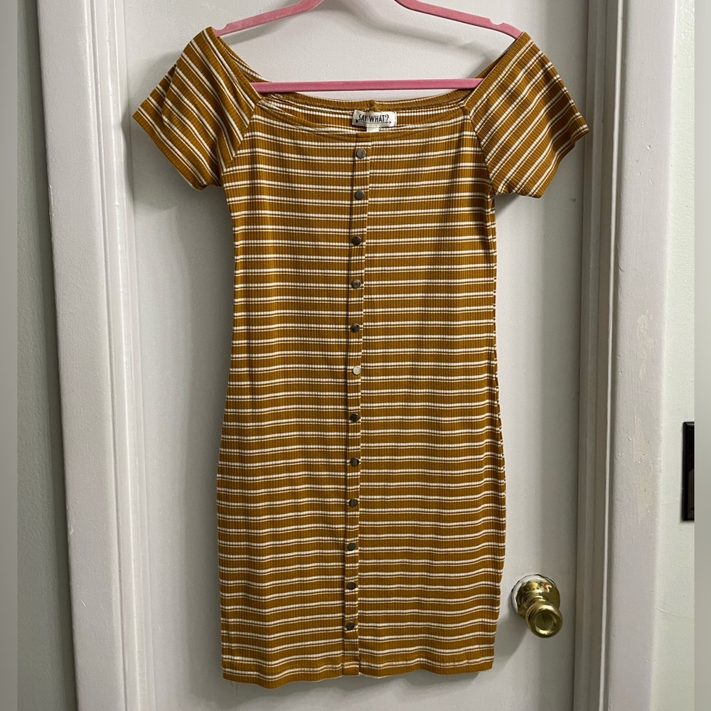 Striped yellow off the shoulder form fit dress